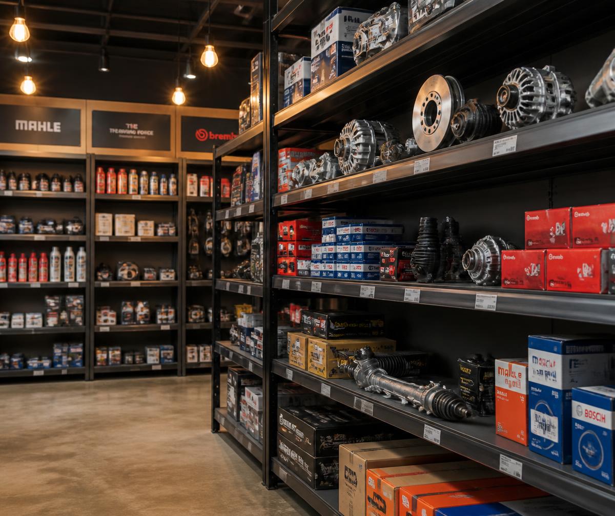 Organized shelves of automobile spare parts in a professional store