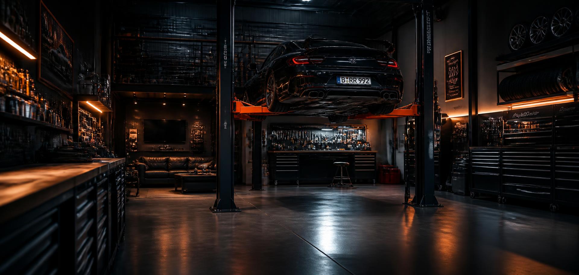 Professional automotive workshop interior with a vehicle on a lift