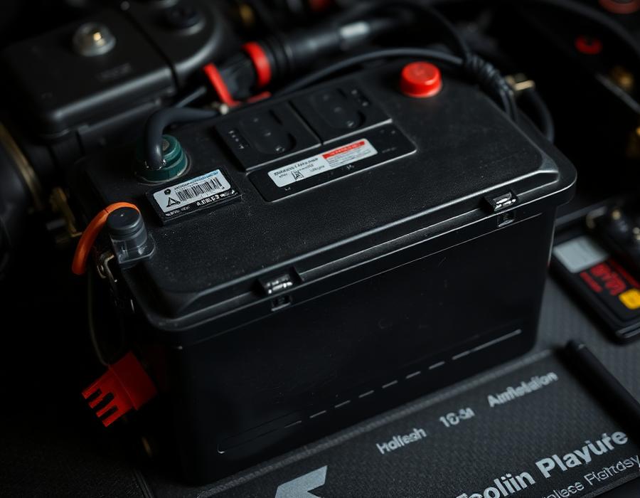 Automotive battery with wiring and electrical connectors