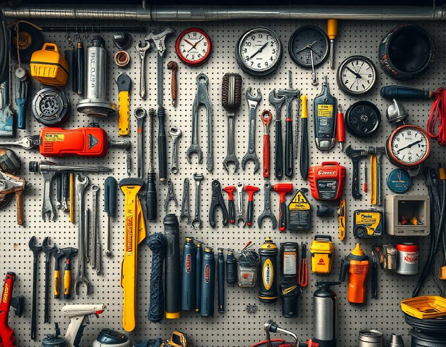 Organized automobile tools and supplies on a workshop wall